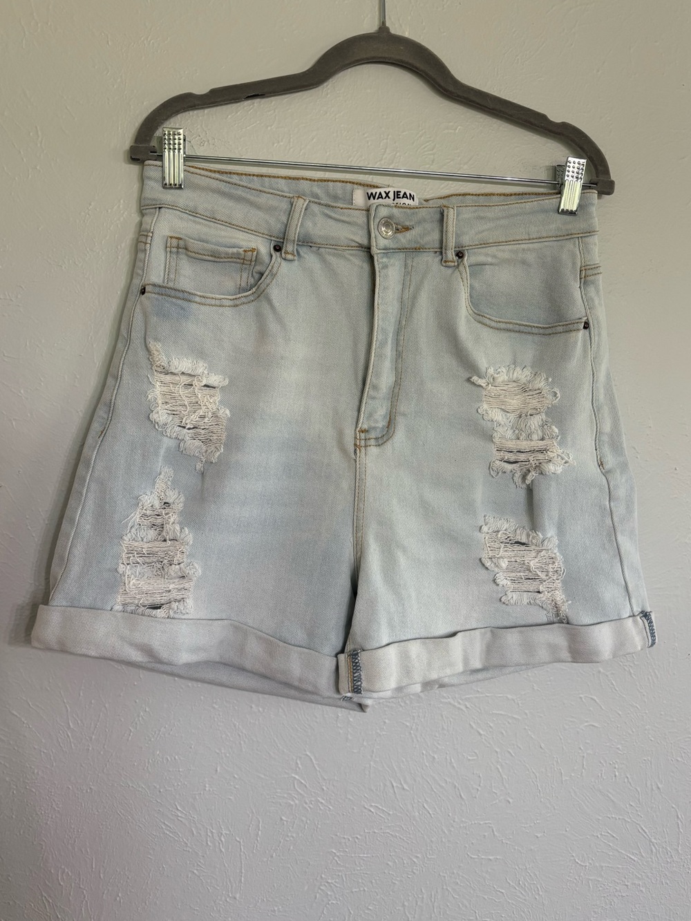 Wax Jean Light Blue Distressed Rolled Hem Denim Shorts